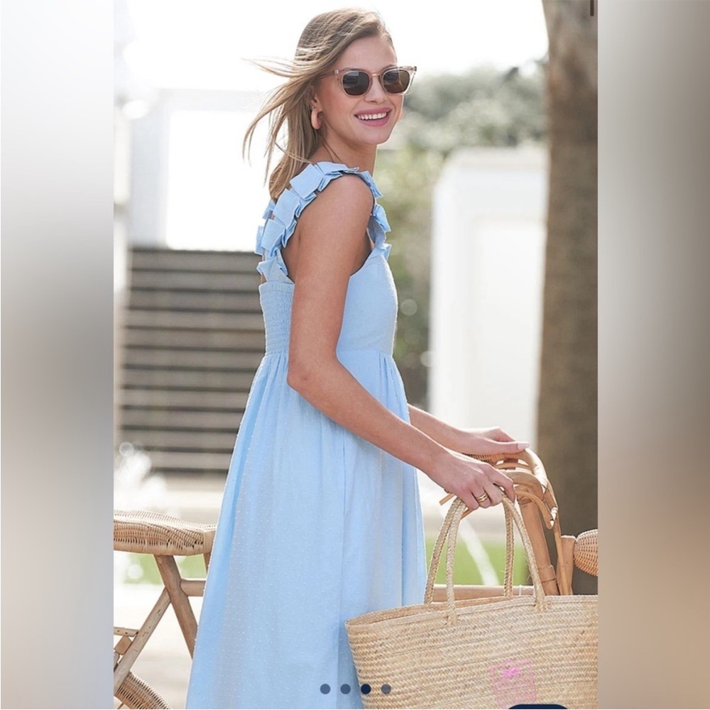 Lake Pajamas Lolly Dress in Morning Blue Swiss Dot Midi Pockets Sz S NEW - Picture 4 of 15